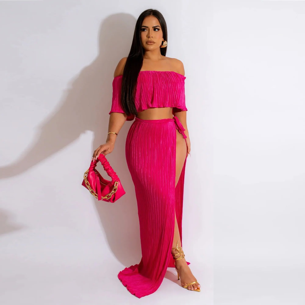 Chic Ruffles Pleated Summer Outfits 2023: Off Shoulder Crop Top + Slit Skirt Club Set